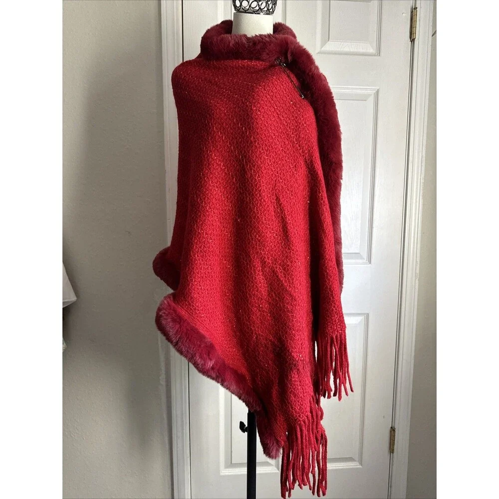 Luxury Red Scarf Shawl Fringe Poncho Knit Metallic Winter Women’s Accessories